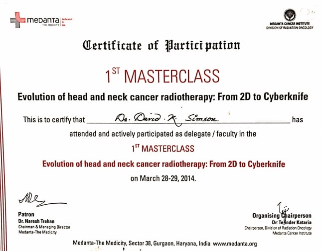 Dr. David K Simson Certificate