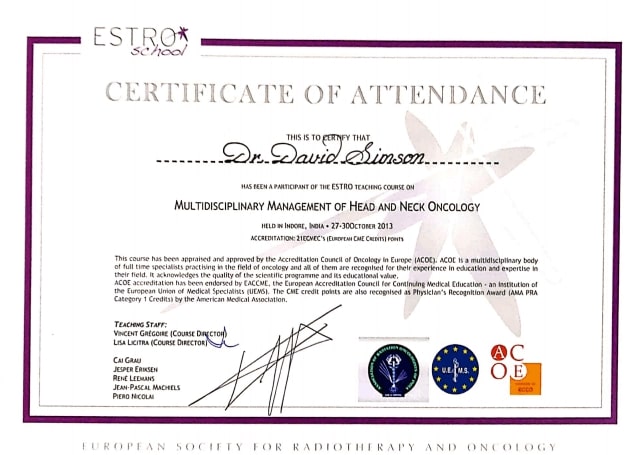 Dr. David K Simson Certificate