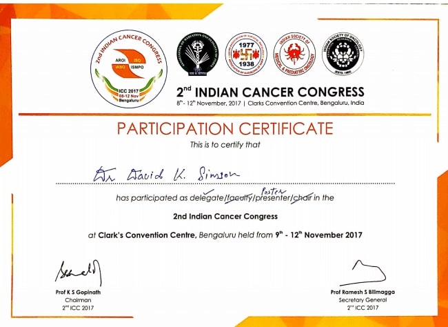 Dr. David K Simson Certificate