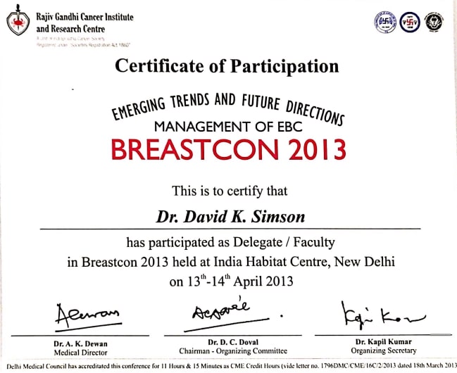 Dr. David K Simson Certificate