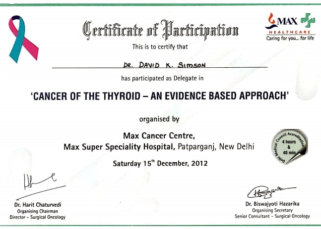 Dr. David K Simson Certificate