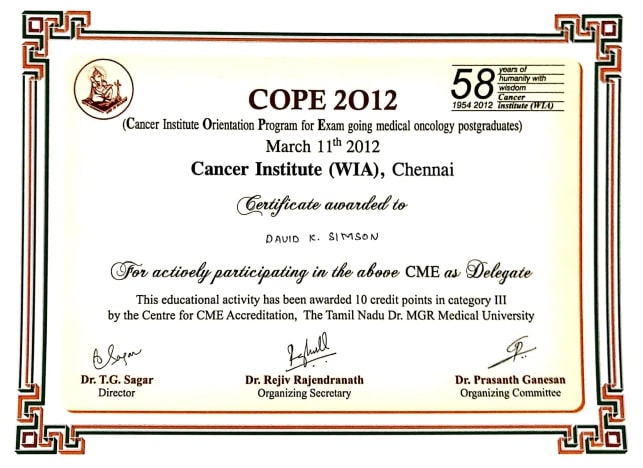 Dr. David K Simson Certificate